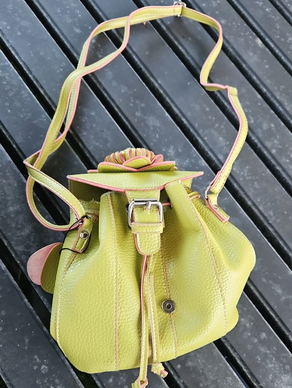 Noelle Olive Green Shoulder Bag with Pink Trim and Floral Accent